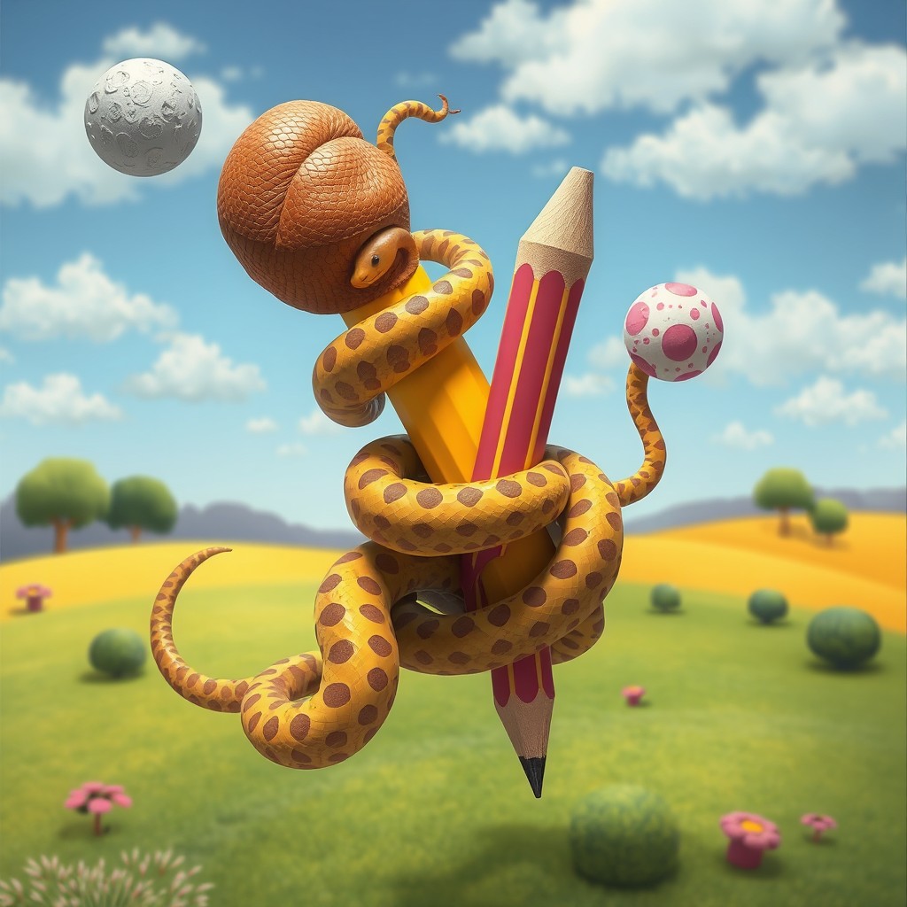 A surreal, abstract artwork combining elements of feces, a snake, and a pencil
