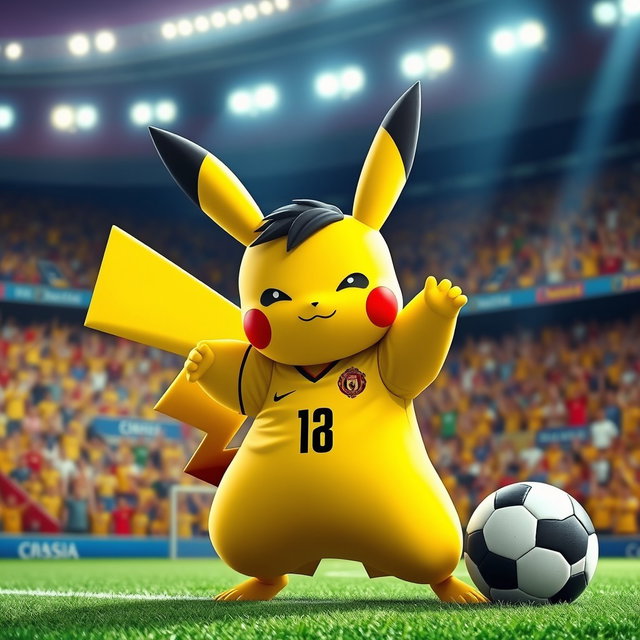 A whimsical creature that combines the characteristics of Pikachu and Cristiano Ronaldo