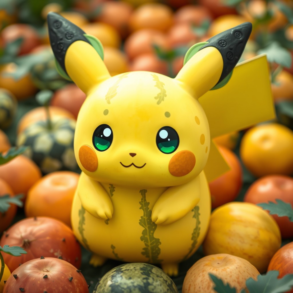 A whimsical creature that combines elements of Pikachu with a melon and cucumber