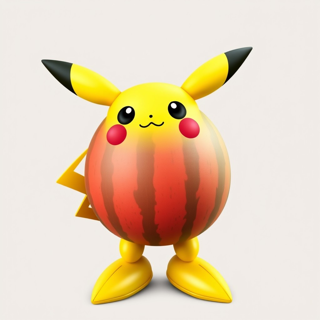 A whimsical character that features a Pikachu head with its signature ears and facial expression, combined with a round melon-shaped body that has the texture and color of a watermelon