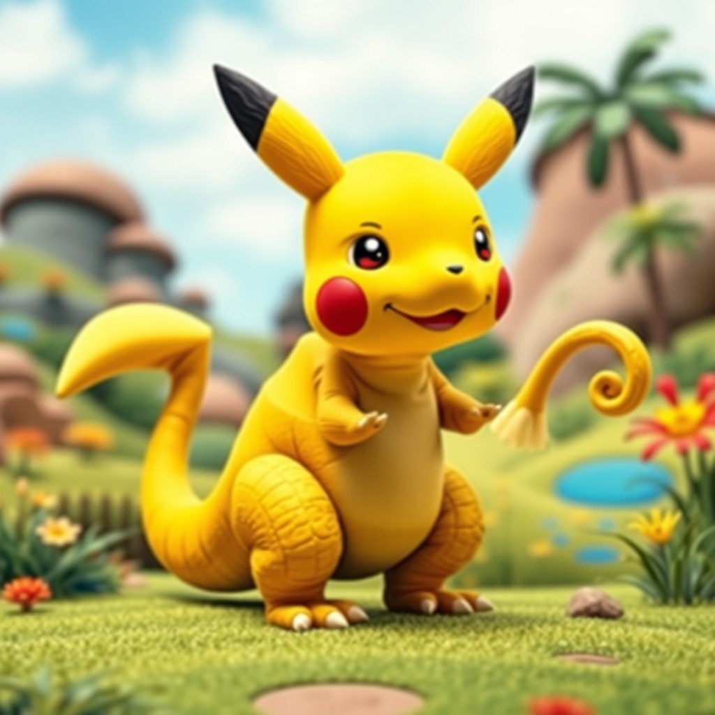 A whimsical creature featuring the head of Pikachu, complete with its signature pointy ears and bright yellow fur