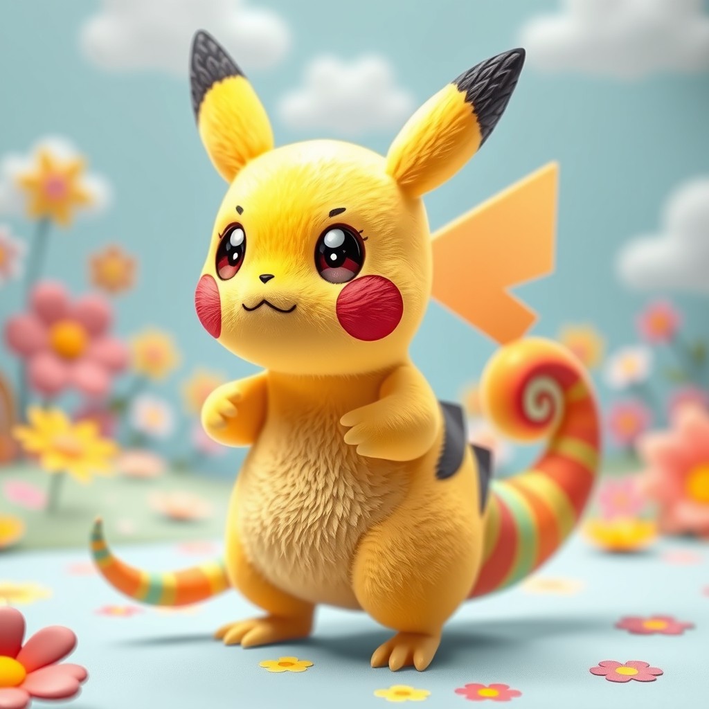 A whimsical creature that has the head of Pikachu with large, expressive eyes and perked ears, characterized by its signature yellow fur and rosy cheeks