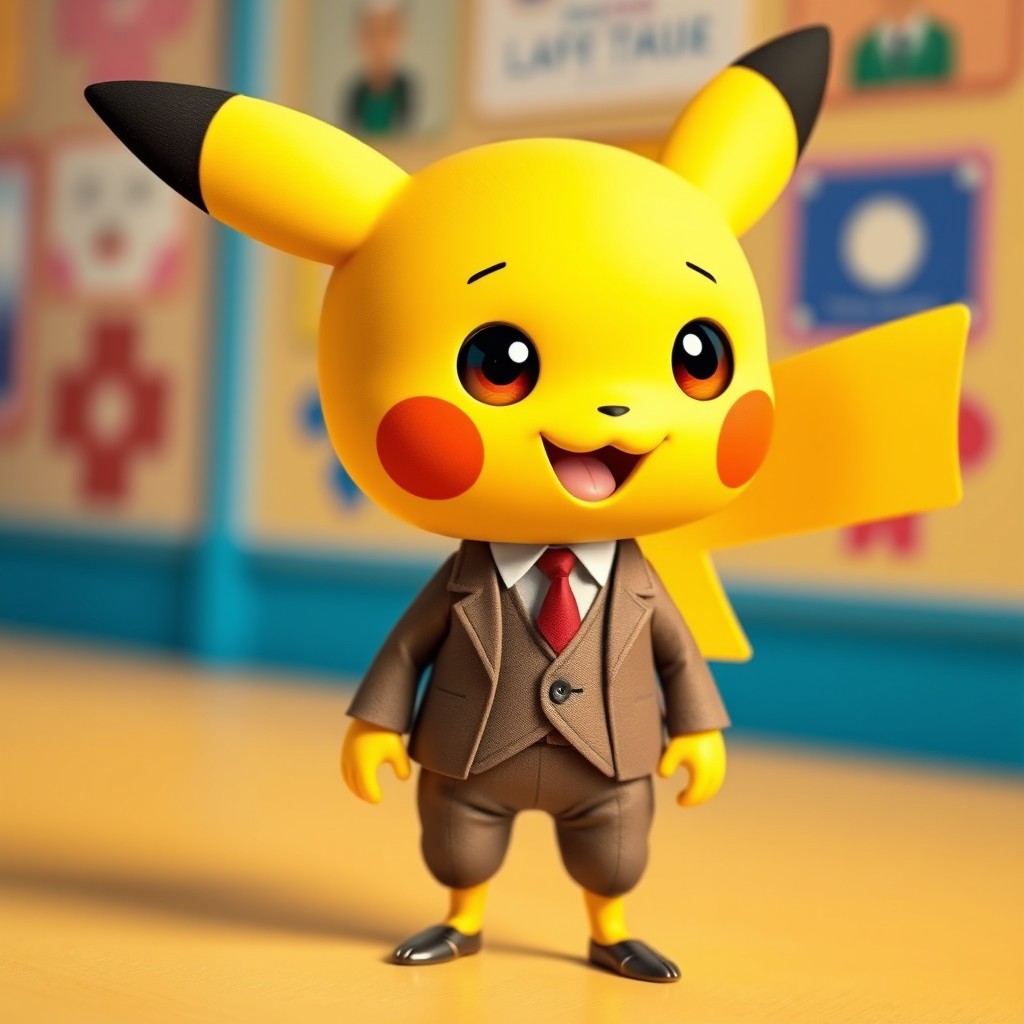 A whimsical character design combining Pikachu's cute round head with Mr