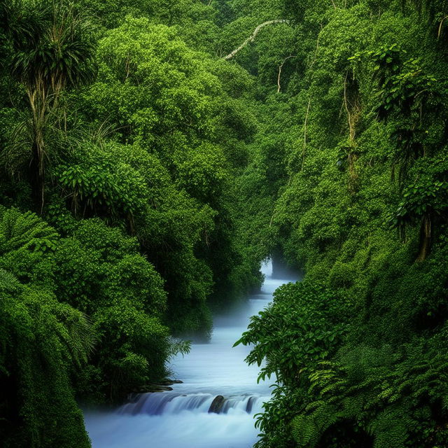 A serene river flowing gracefully through the heart of a vibrant, lush jungle