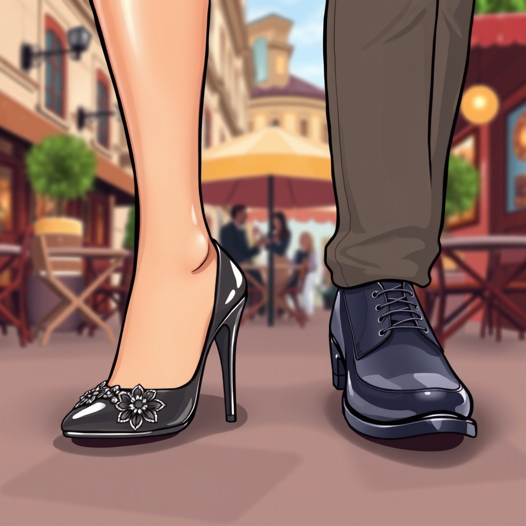 A creative illustration of stylish feet wearing high heels and men's shoes placed side by side