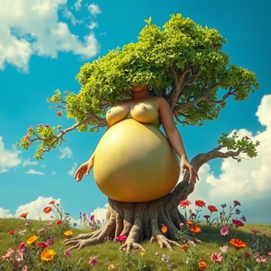 A surreal and whimsical composition featuring trees as heads with vibrant green leaves blending into a plump woman's body