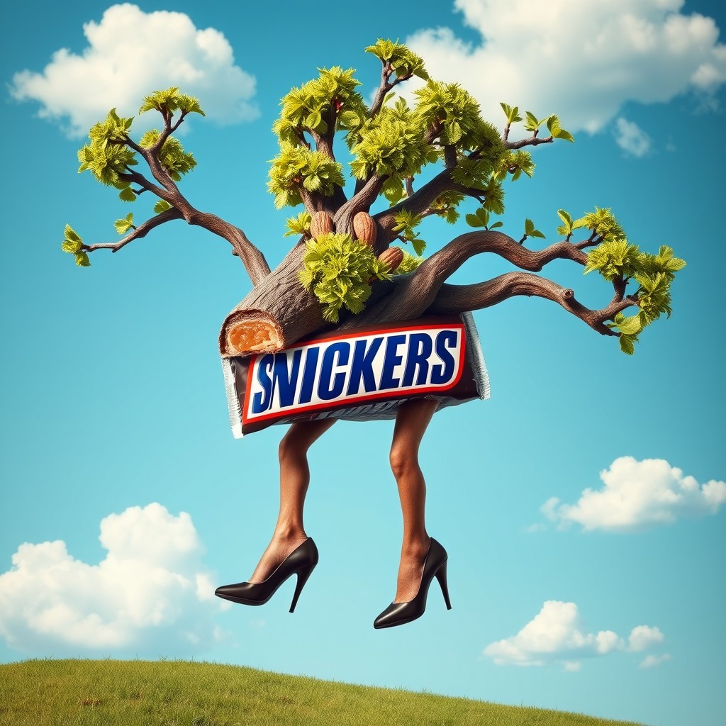 A whimsical creature featuring the head of a tree, embodying lush green foliage and branches, paired with the body of a Snickers bar, showcasing its smooth, chocolatey exterior with caramel and nuts peeking out