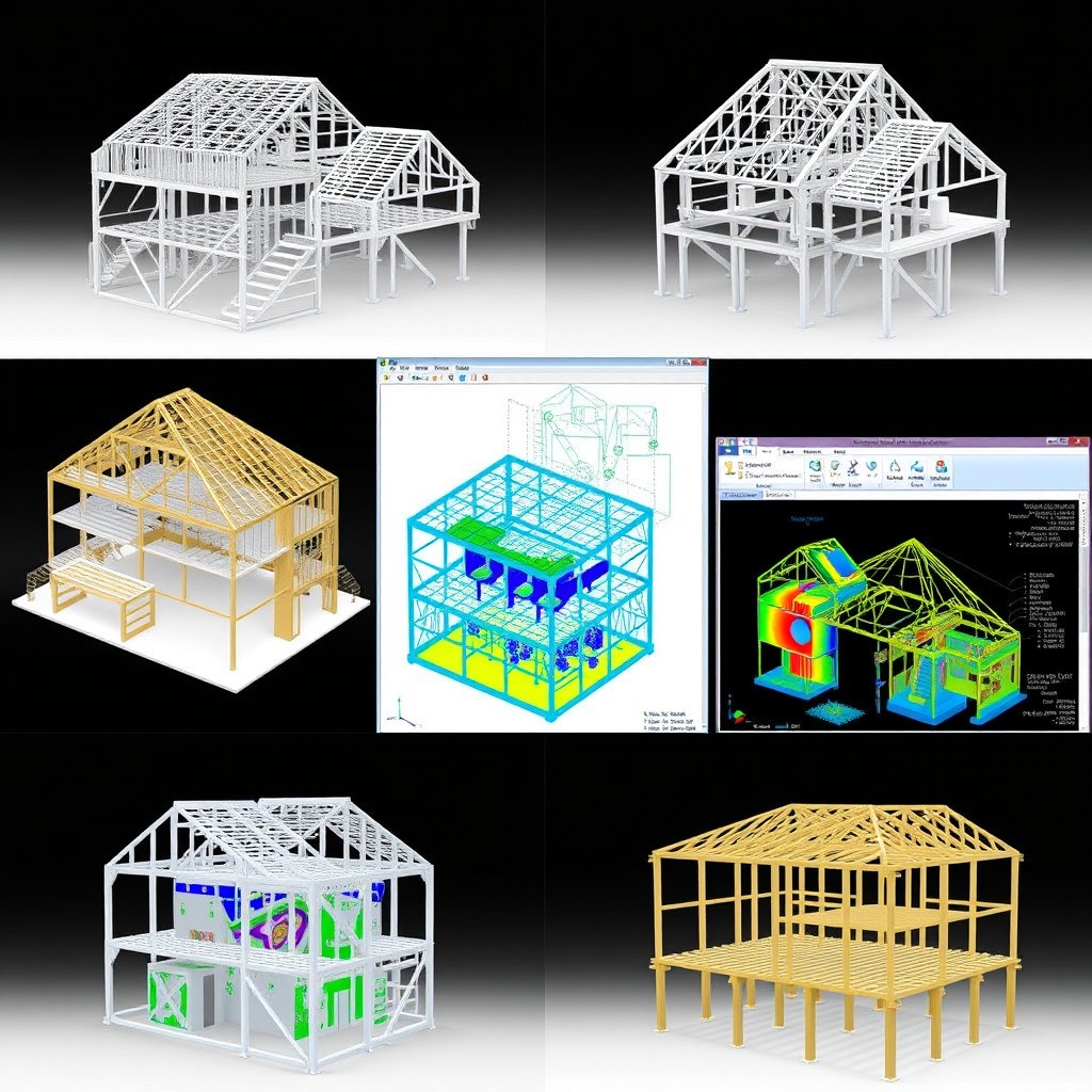 A collection of images showcasing detailed structural analysis models created in Staad Pro software, featuring various building frameworks, trusses, and construction details