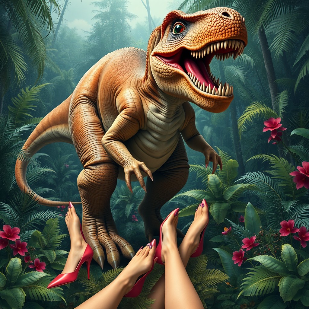 A whimsical creature with the massive body of a Tiranosaurus rex, featuring the cute face of a mouse