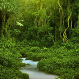 A serene river flowing gracefully through the heart of a vibrant, lush jungle