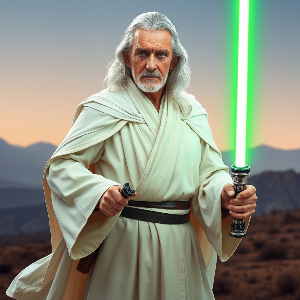 A wise old man in his mid sixties, featuring long white hair and warm brown eyes