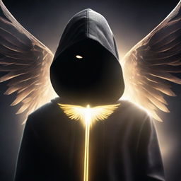 A mysterious man, face hidden by a black mask, dressed in a black hoodie, radiates a dazzling aura. With wings of light, he has the semblance of an angel descending from heaven.