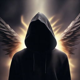 A mysterious man, face hidden by a black mask, dressed in a black hoodie, radiates a dazzling aura. With wings of light, he has the semblance of an angel descending from heaven.