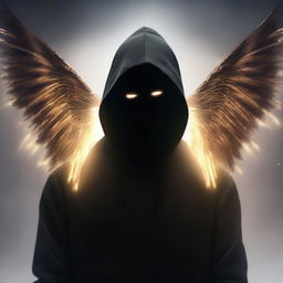 A mysterious man, face hidden by a black mask, dressed in a black hoodie, radiates a dazzling aura. With wings of light, he has the semblance of an angel descending from heaven.