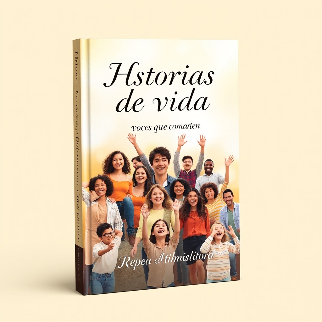 A captivating book cover design for 'Historias de vida, voces que comparten', featuring a collage of diverse individuals with uplifting expressions, symbolizing achievements and resilience