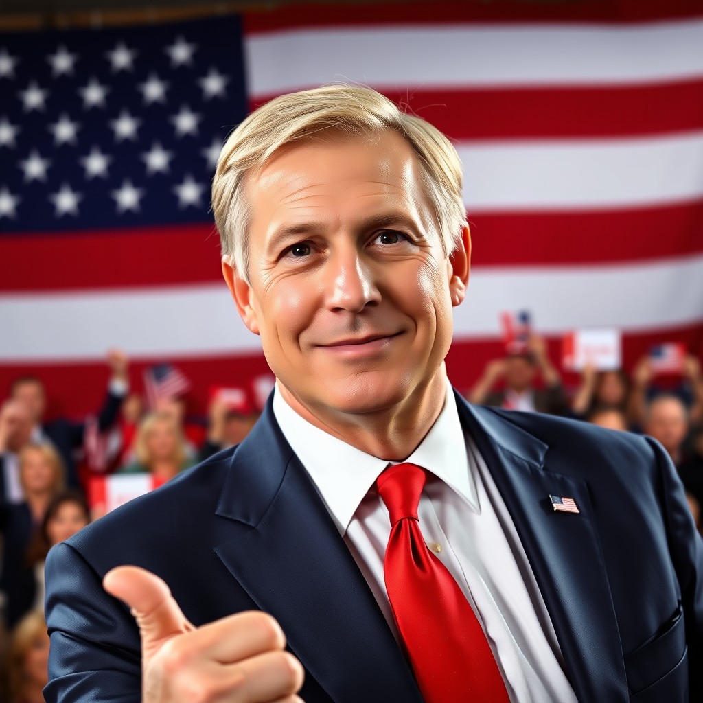A portrait of a middle-aged Caucasian male politician, presenting a confident expression while standing in front of a large American flag