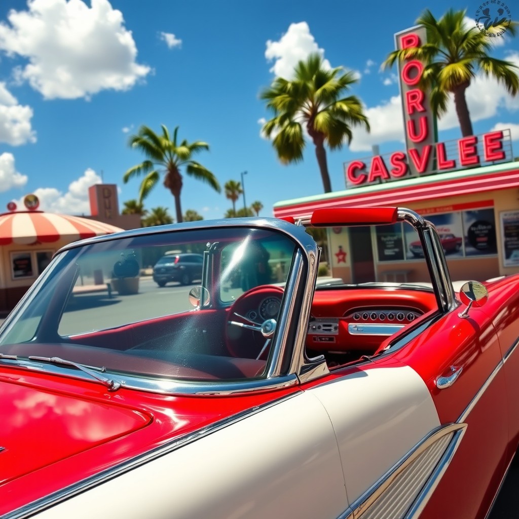 A classic 1957 Chevy convertible, highly polished and gleaming in the sunlight