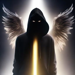 A mysterious man, face hidden by a black mask, dressed in a black hoodie, radiates a dazzling aura. With wings of light, he has the semblance of an angel descending from heaven.