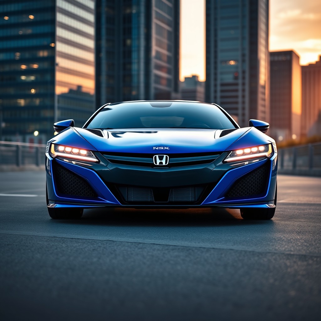 A striking blue Honda NSX with pop-up headlights, parked in an urban setting under soft twilight lighting
