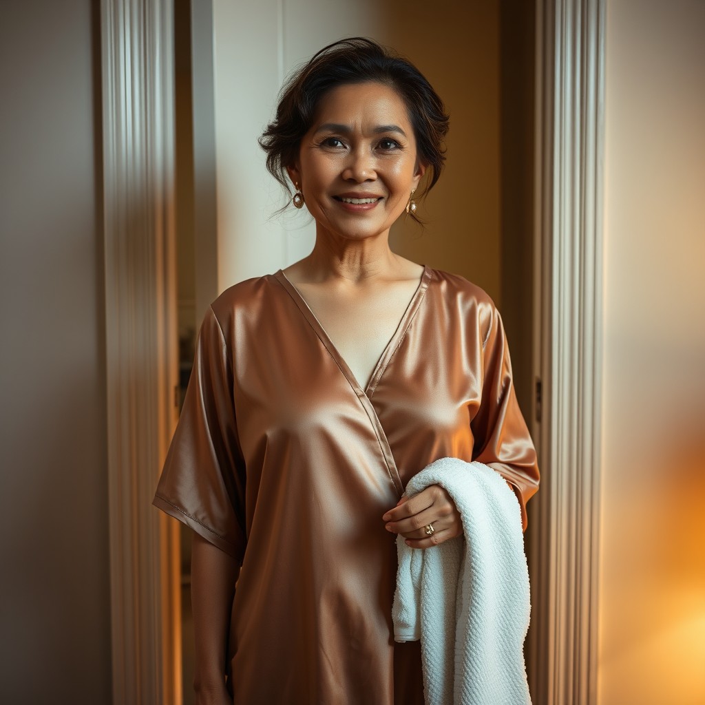 A 50-year-old Indonesian woman wearing an elegant European-style satin nightgown, standing in front of a narrow bathroom door, holding a towel