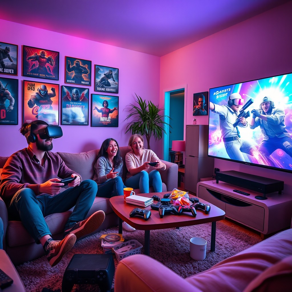 An energetic and vibrant gaming scene capturing a group of friends gathered in a cozy living room, intensely focused on playing the latest video game