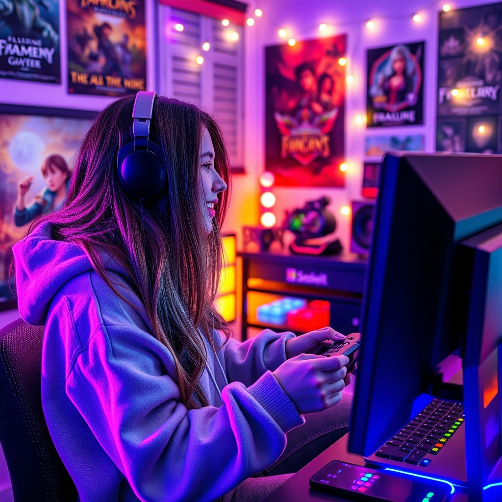 A young woman enthusiastically gaming on a stylish gaming setup, surrounded by colorful LED lights