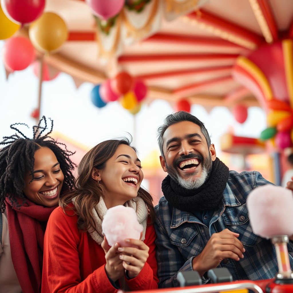 A vibrant and lively scene of two adults of different ethnicities enjoying a fun day at a carnival, with colorful balloons and festive decorations in the background