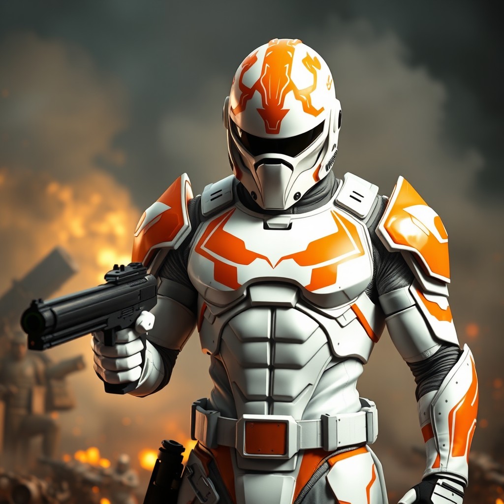 A formidable character wearing a striking white helmet adorned with bold orange patterns, effectively concealing his face and adding an air of mystery