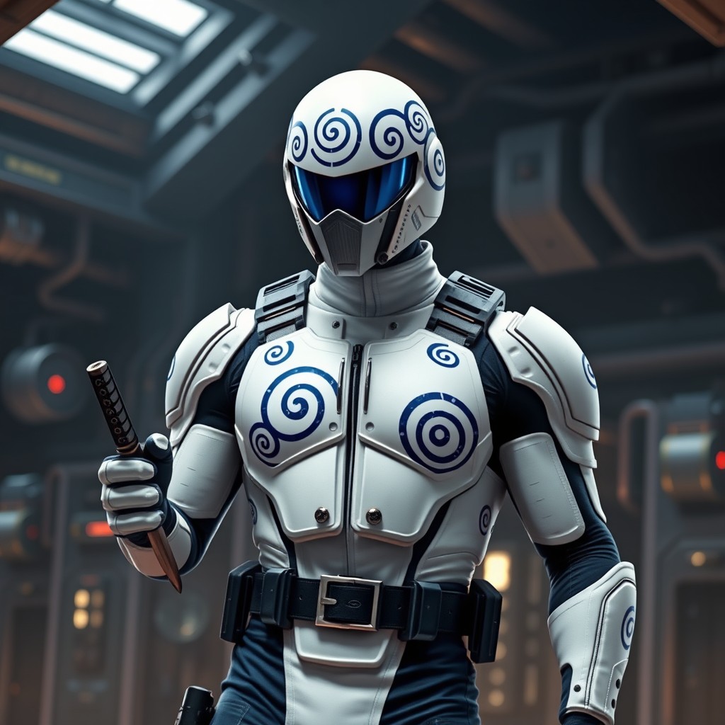 A striking character wearing a sleek white helmet adorned with distinctive navy blue spirals, complemented by a matching navy blue visor that conceals his eyes and adds to his imposing presence