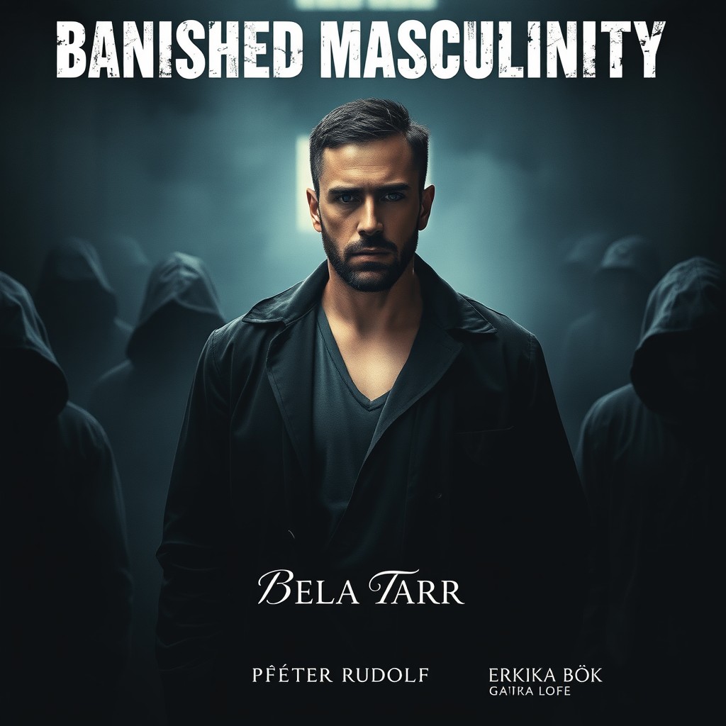 A dramatic film poster for 'Banished Masculinity', featuring a charismatic man named András, portrayed by Géza Morcsányi, in a dark, shadowy prison setting