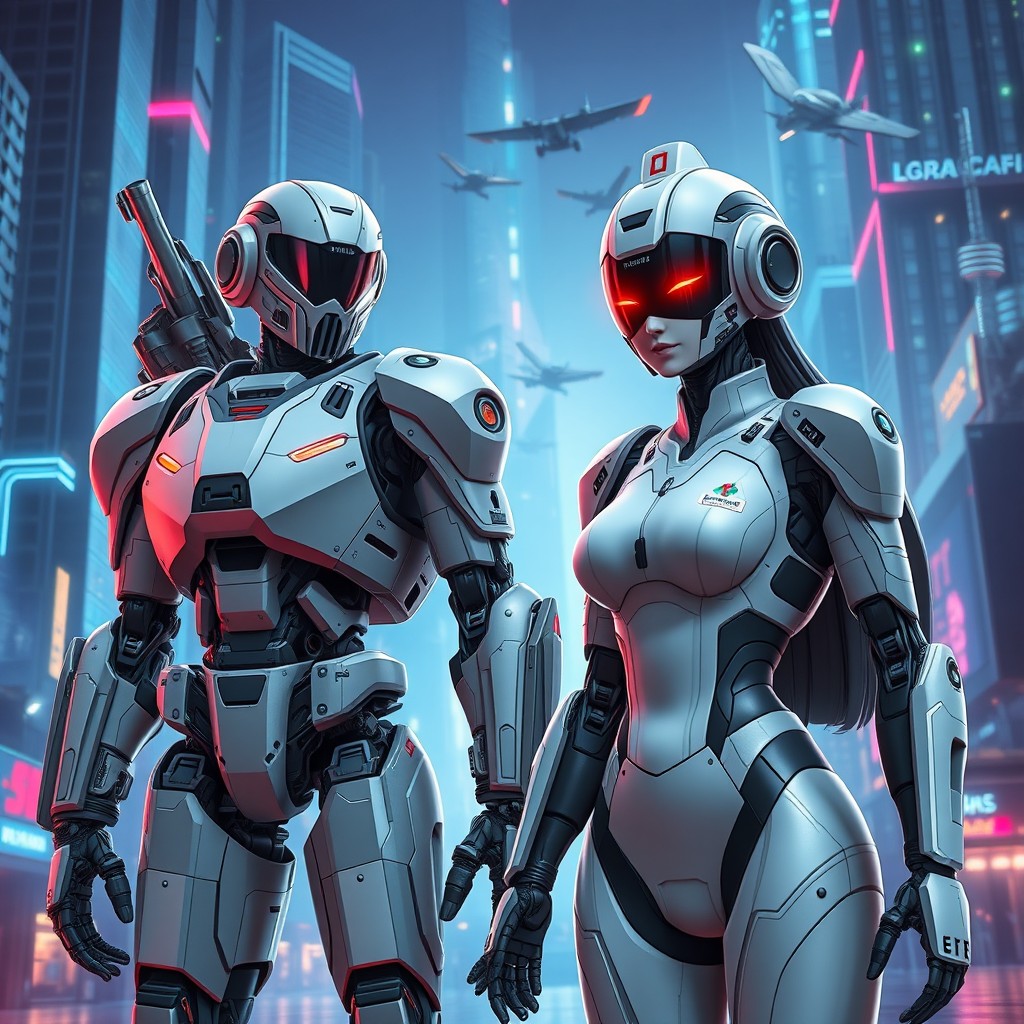 Two hybrid robots, one male and one female, standing in a futuristic city