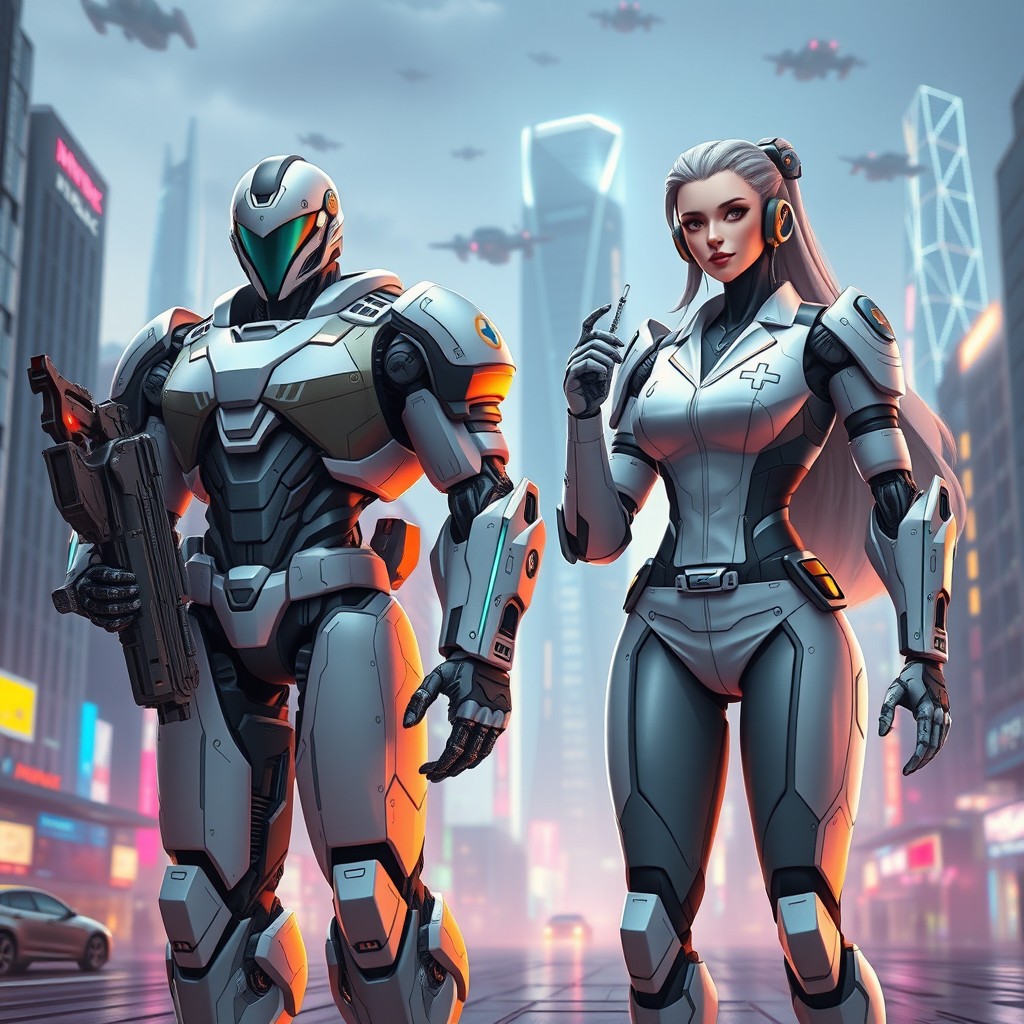 Two hybrid robots that resemble humans, one male and one female, standing in a futuristic city
