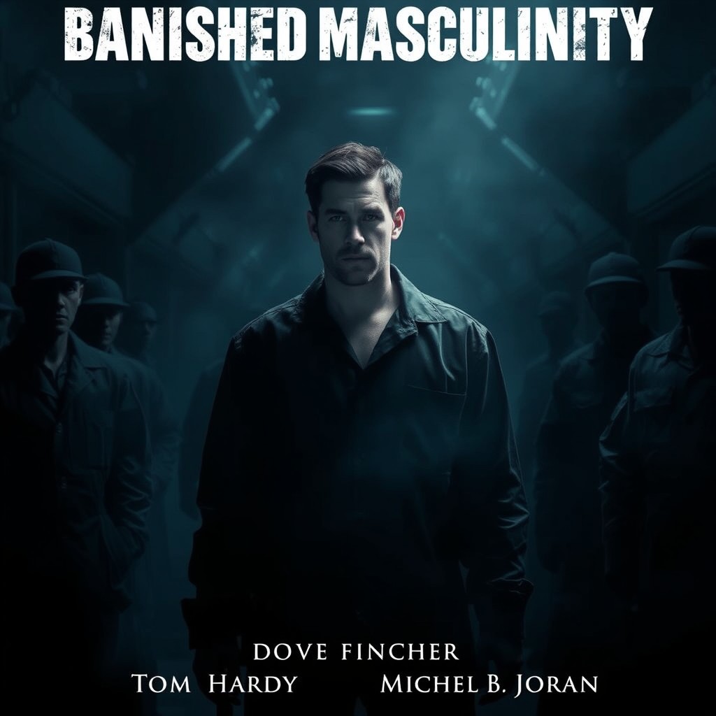 A dramatic film poster for 'Banished Masculinity,' featuring a charismatic man named András, standing in a dark, shadowy prison setting that evokes a mystical and spiritual atmosphere