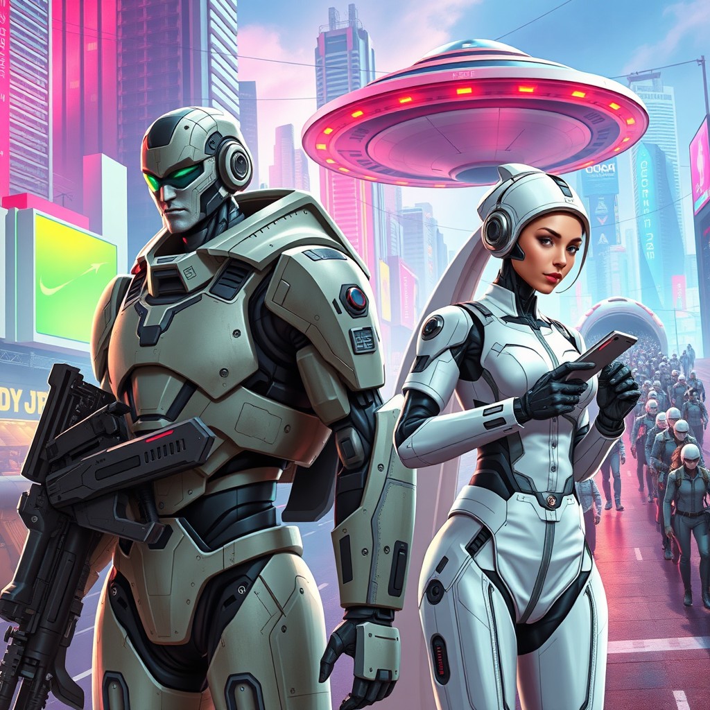 Two hybrid robots that closely resemble humans, set in a futuristic city