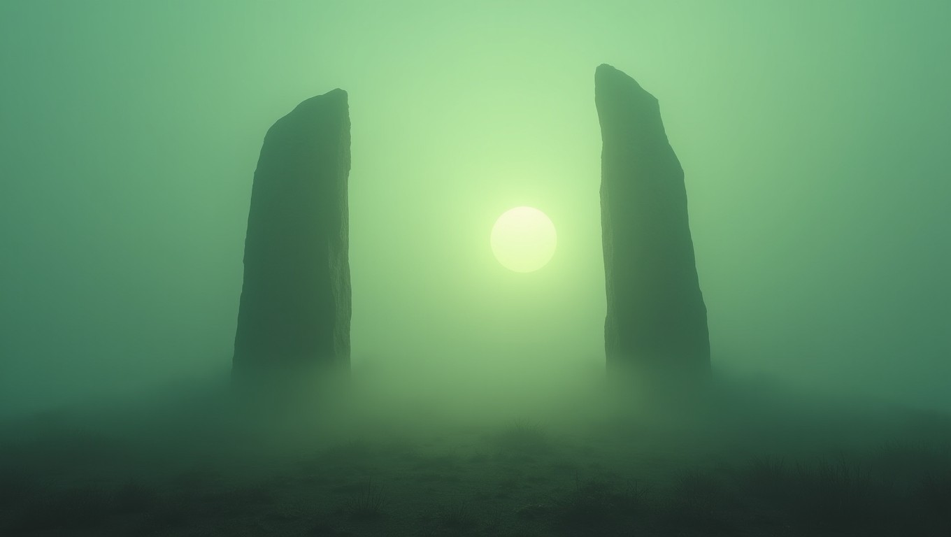 A captivating scene featuring three massive ancient stone monoliths standing tall in a misty, surreal landscape