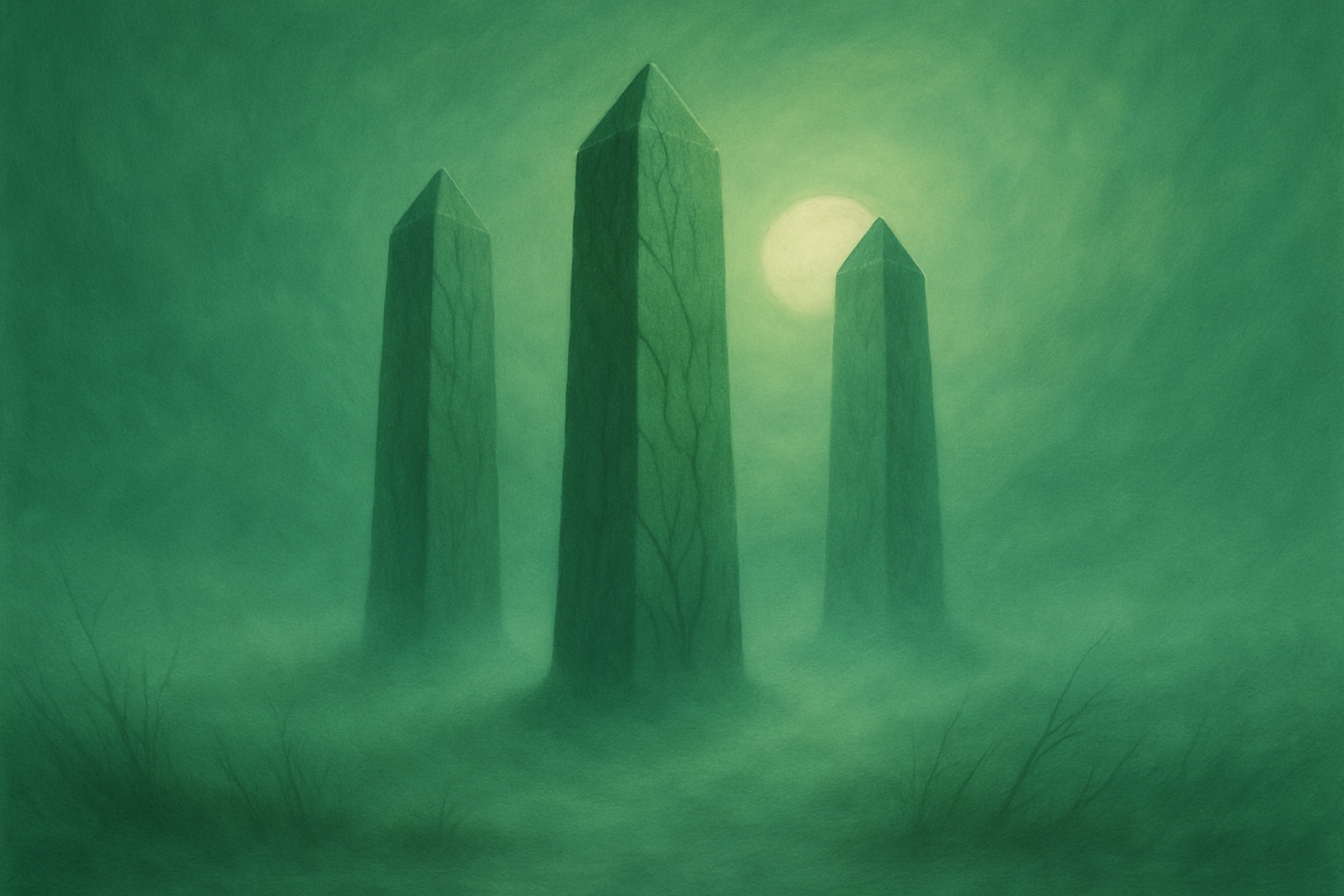 Three massive ancient stone monoliths standing in a misty, surreal landscape. The atmosphere is mysterious and ethereal, with soft green tones and a dreamlike texture. A large glowing sun is positioned in the center of the image, partially veiled by the fog, directly behind the monoliths, casting a subtle backlight. The ground is covered in low mist and sparse, dark grass. The overall mood is quiet, otherworldly, and slightly eerie.