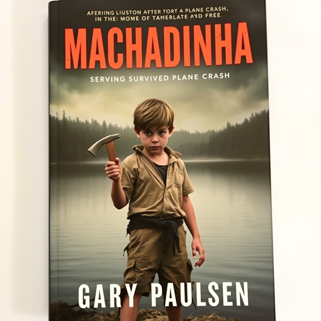 A book cover featuring a 13-year-old boy standing on the edge of a lake, looking lost and frightened after surviving a plane crash