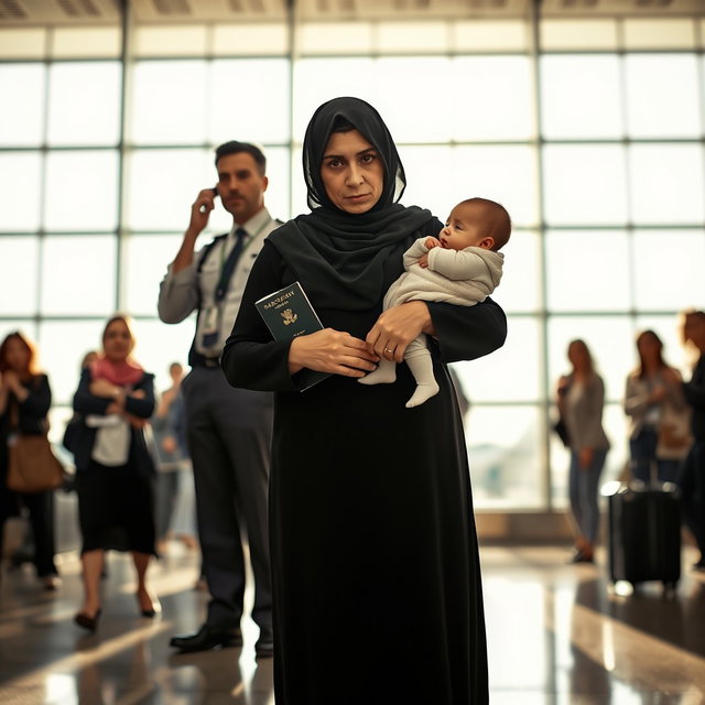 A Middle Eastern woman in a modest black dress stands at the edge of a busy airport terminal, holding a baby in one arm and a torn passport in the other