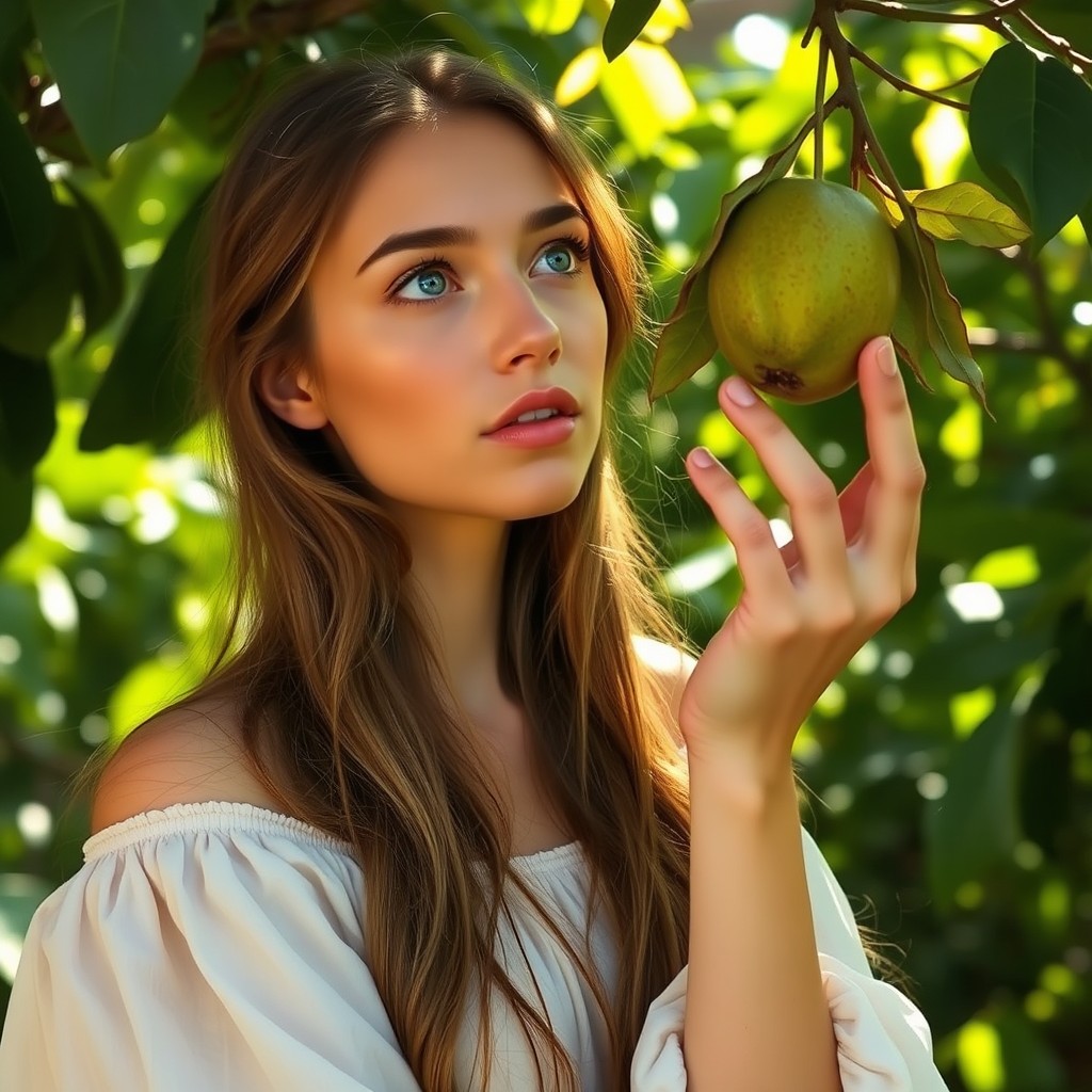 A beautiful woman with long hair and light-colored eyes, thoughtfully gazing at a fruit hanging from a tree