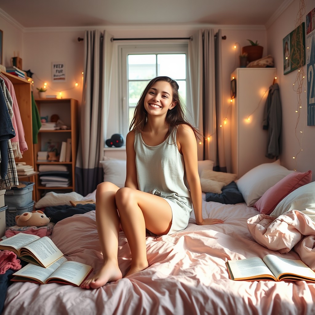 An 18-year-old girl sitting on her bed in a cozy, untidy bedroom, wearing casual pyjama shorts and a loose tank top