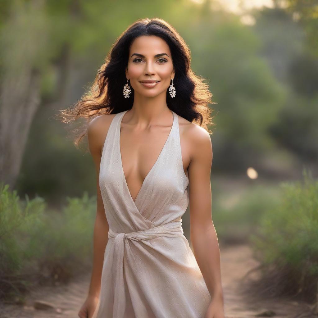 A beautiful woman in a natural setting, her physical allure perfectly harmonized with her inner strength and kindness, exemplifying timeless beauty and grace.