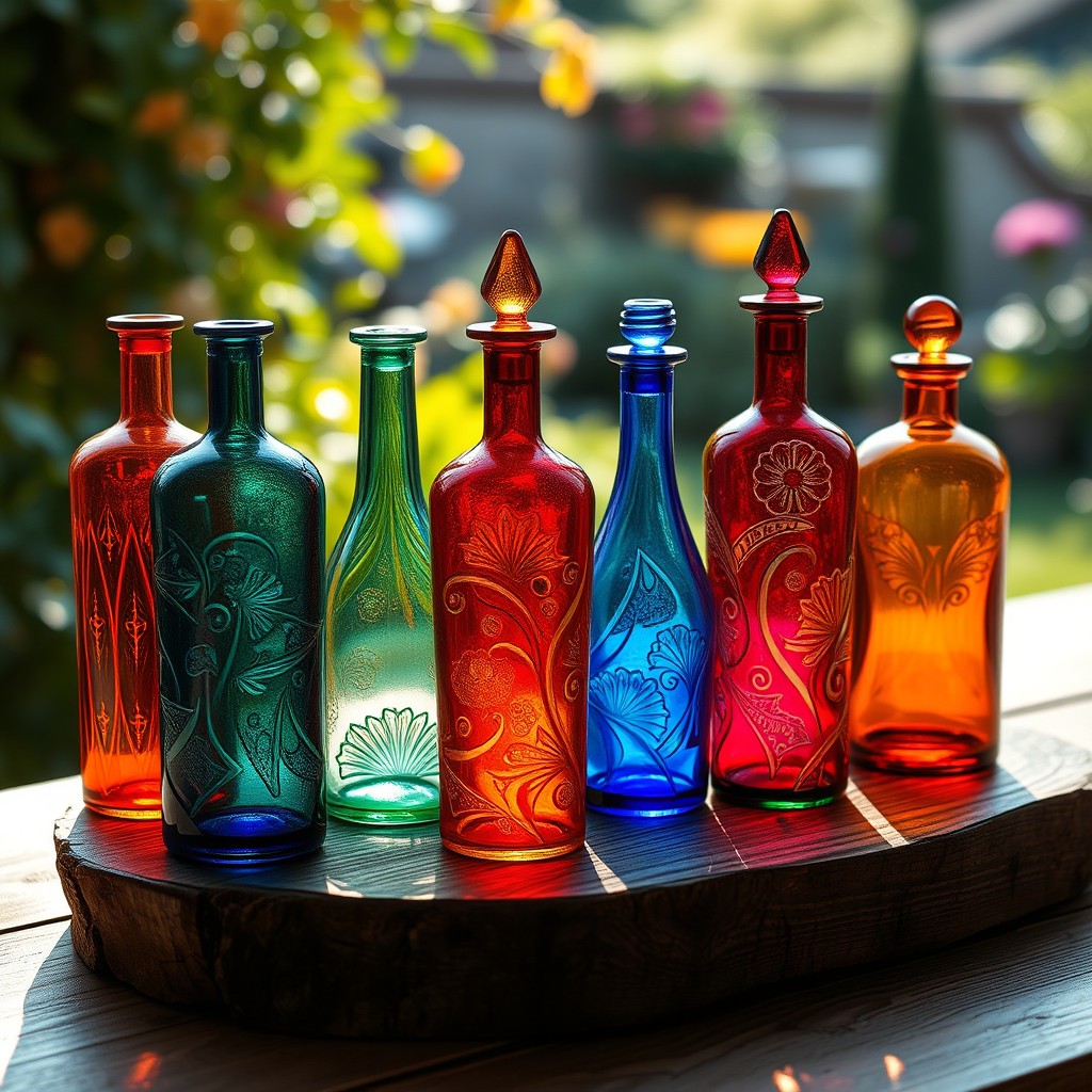 A collection of beautifully designed, colorful glass bottles displayed artistically on a rustic wooden table