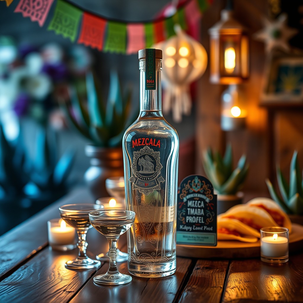 A beautifully designed bottle of mezcal set against a rustic wooden table