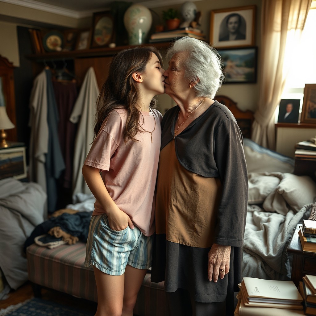 A moment captured in a cozy, untidy bedroom featuring an 18-year-old girl wearing casual pajama shorts and a relaxed top, leaning in to kiss a tall, slim, 75-year-old aristocratic woman