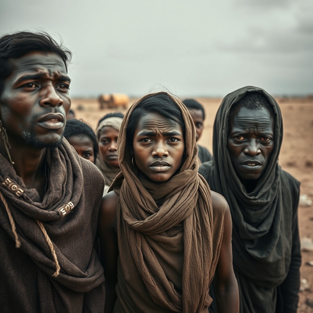 A dramatic scene set in an open, desolate land where beautiful yet impoverished individuals are being evicted from their homes