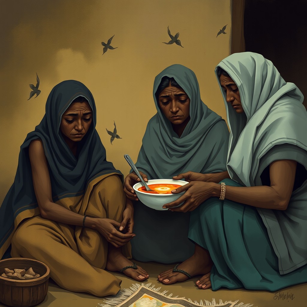 A touching scene depicting beautiful yet impoverished individuals sitting together in a humble setting, sharing a bowl of soup