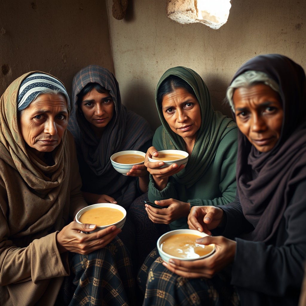A heartwarming and poignant scene of beautiful yet impoverished individuals sitting together, sharing bowls of soup in a modest setting