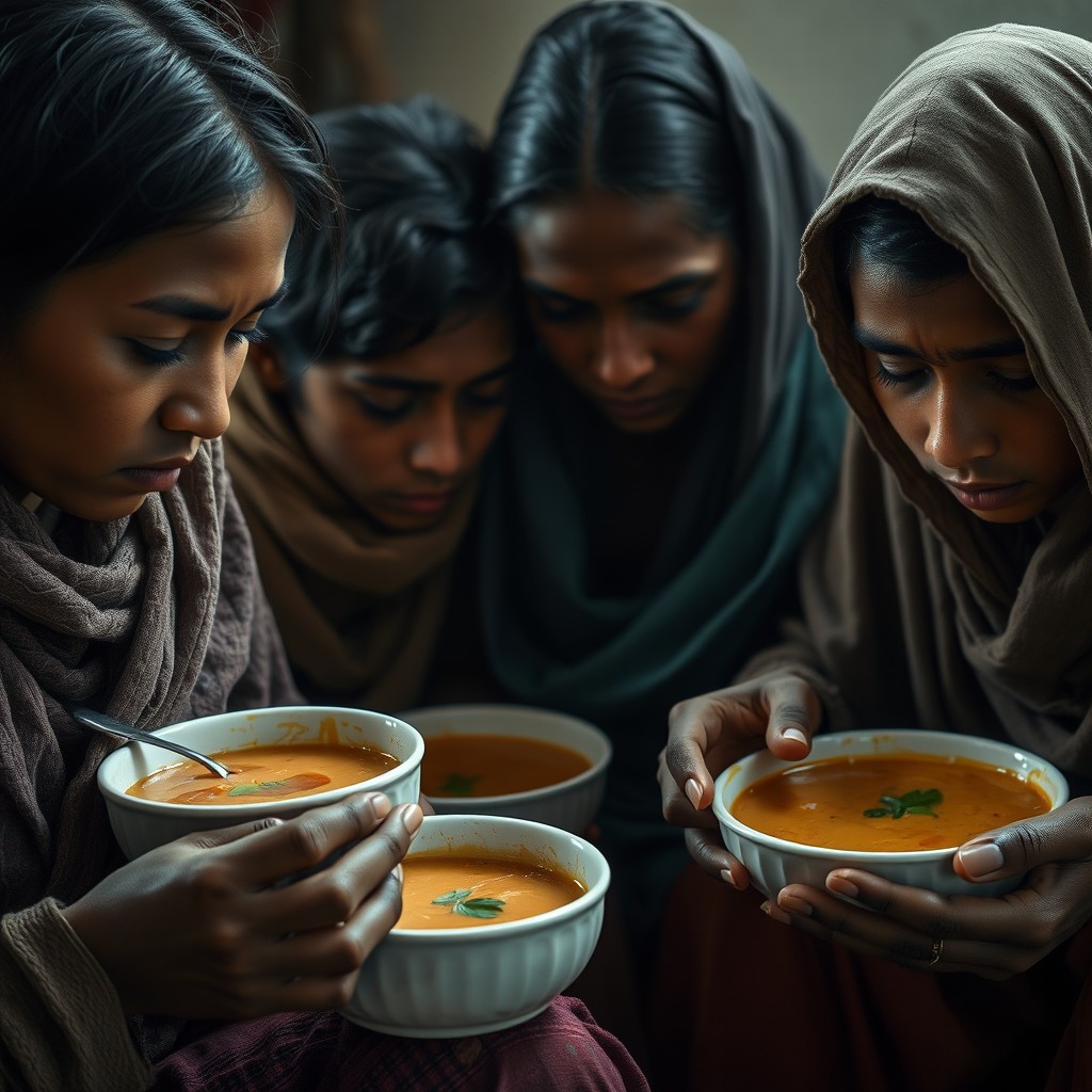 A poignant scene featuring beautiful yet impoverished individuals sitting together, gazing down at their bowls of soup while they eat