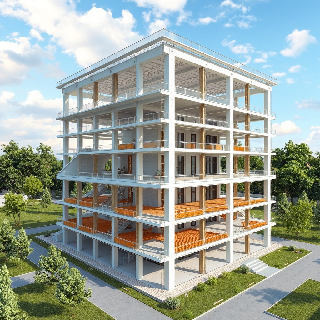 A detailed and advanced architectural design schematic showcasing a sophisticated multi-story building structure analyzed and designed in ETABS software