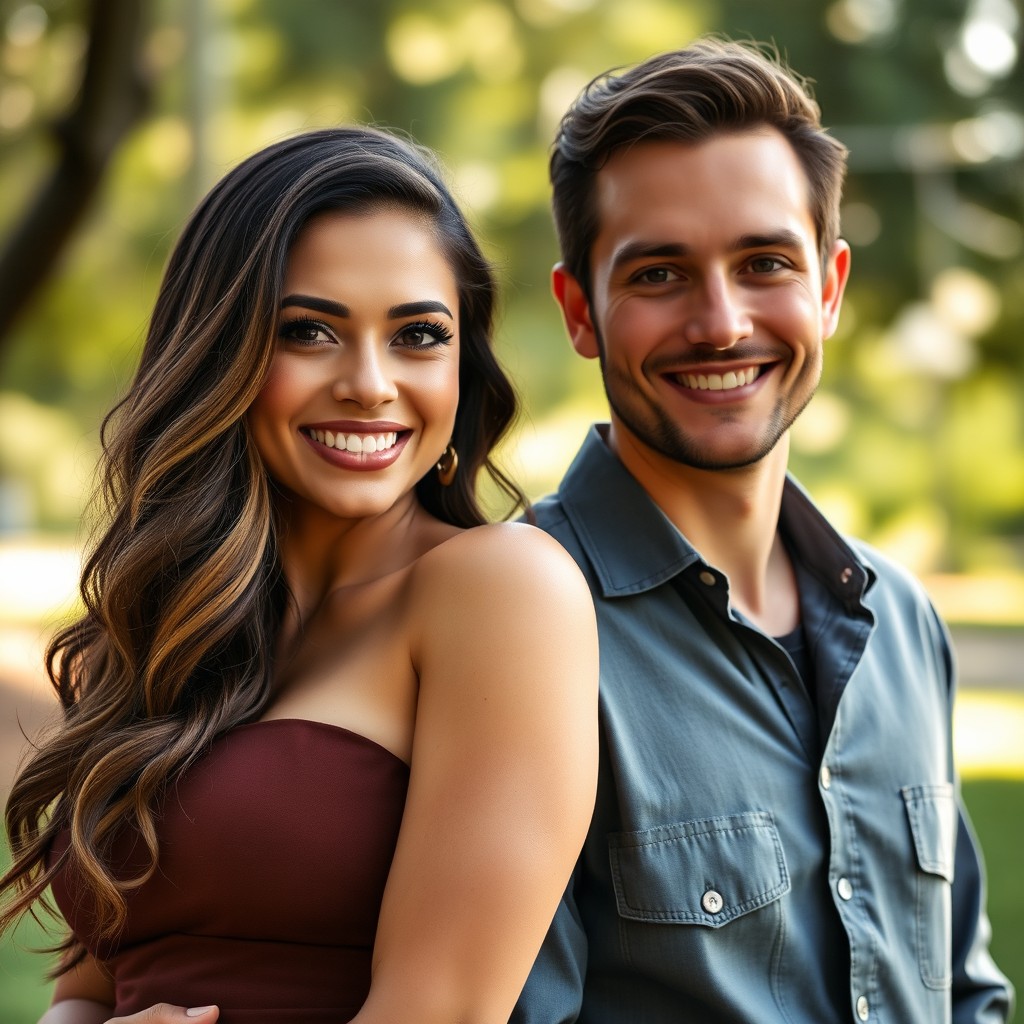 A portrait of a confident, curvy woman with a captivating smile, standing close beside her loving husband